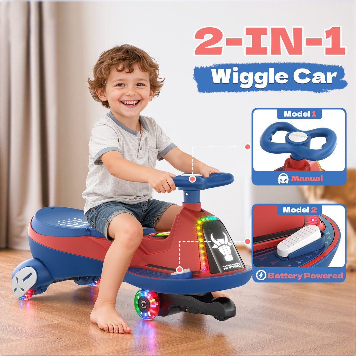 ANPABO 12V Electric Wiggle Car for Kids with LED Lights & Music-red
