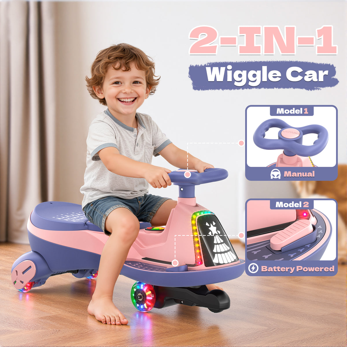 ANPABO 12V Electric Wiggle Car for Kids with LED Lights & Music-pink