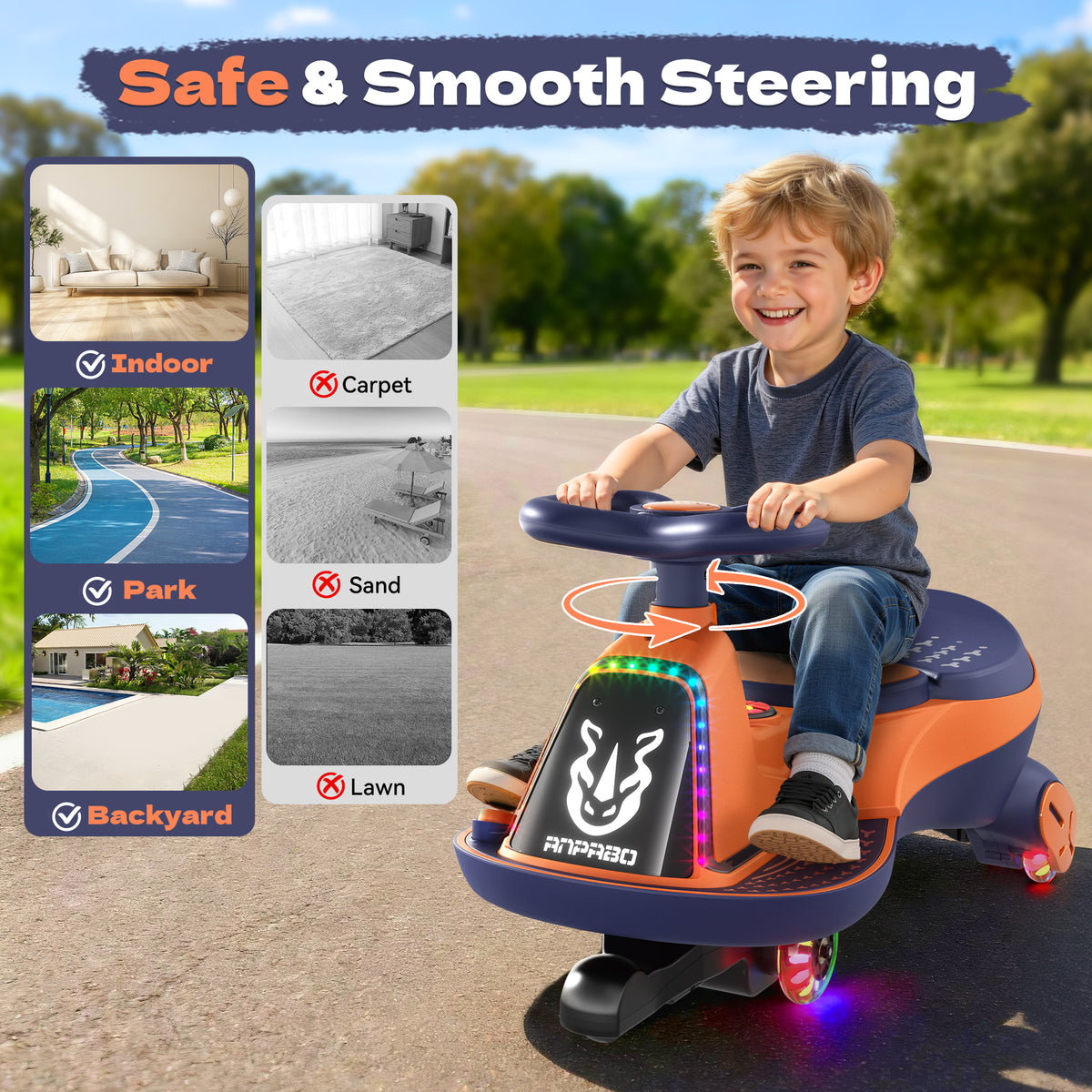 ANPABO 12V Electric Wiggle Car for Kids with LED Lights & Music-orange