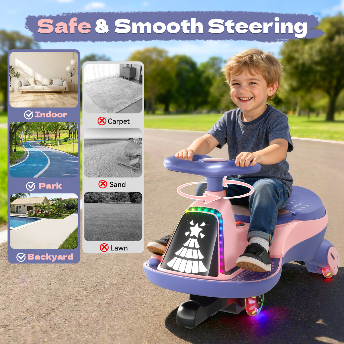 ANPABO 12V Electric Wiggle Car for Kids with LED Lights & Music-pink
