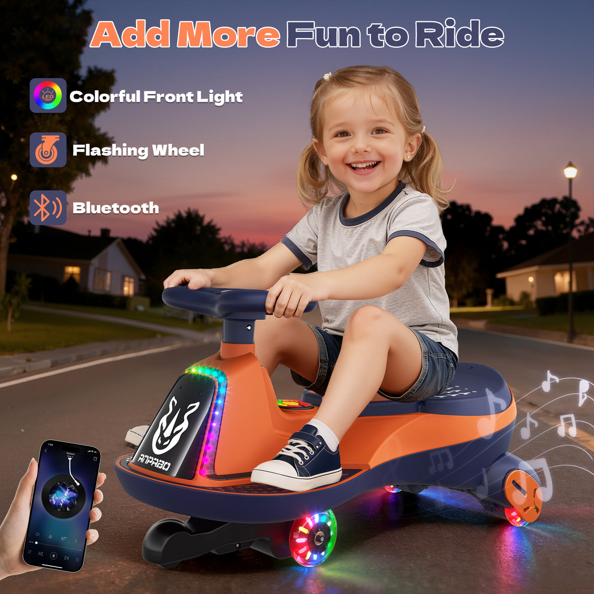 ANPABO 12V Electric Wiggle Car for Kids with LED Lights & Music-orange