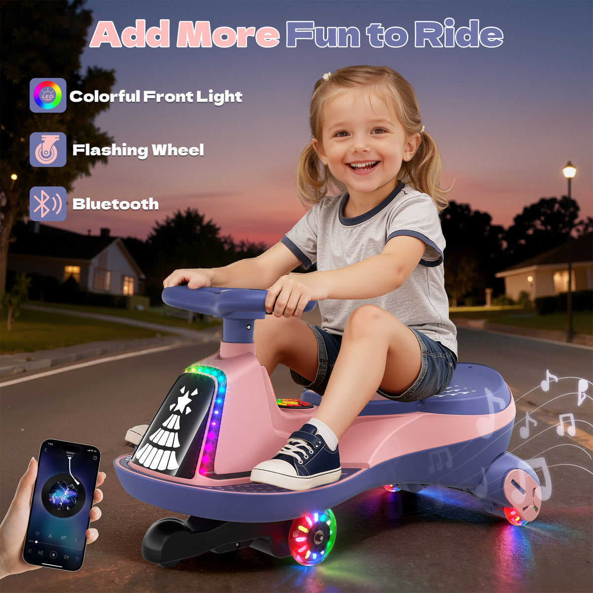 ANPABO 12V Electric Wiggle Car for Kids with LED Lights & Music-pink