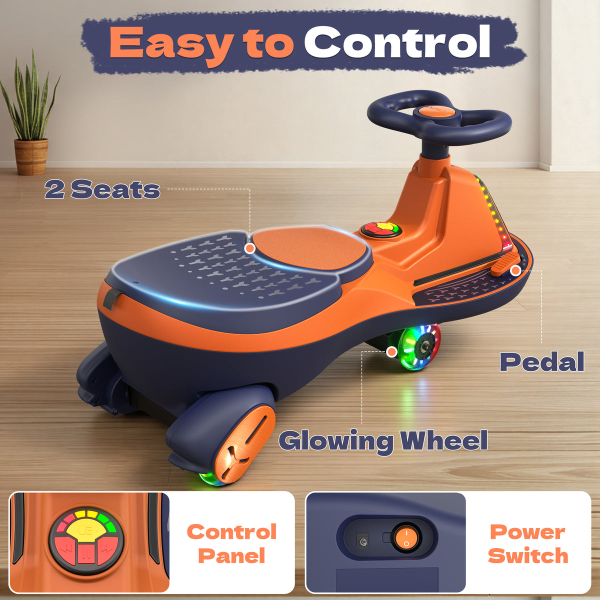 ANPABO 12V Electric Wiggle Car for Kids with LED Lights & Music-orange