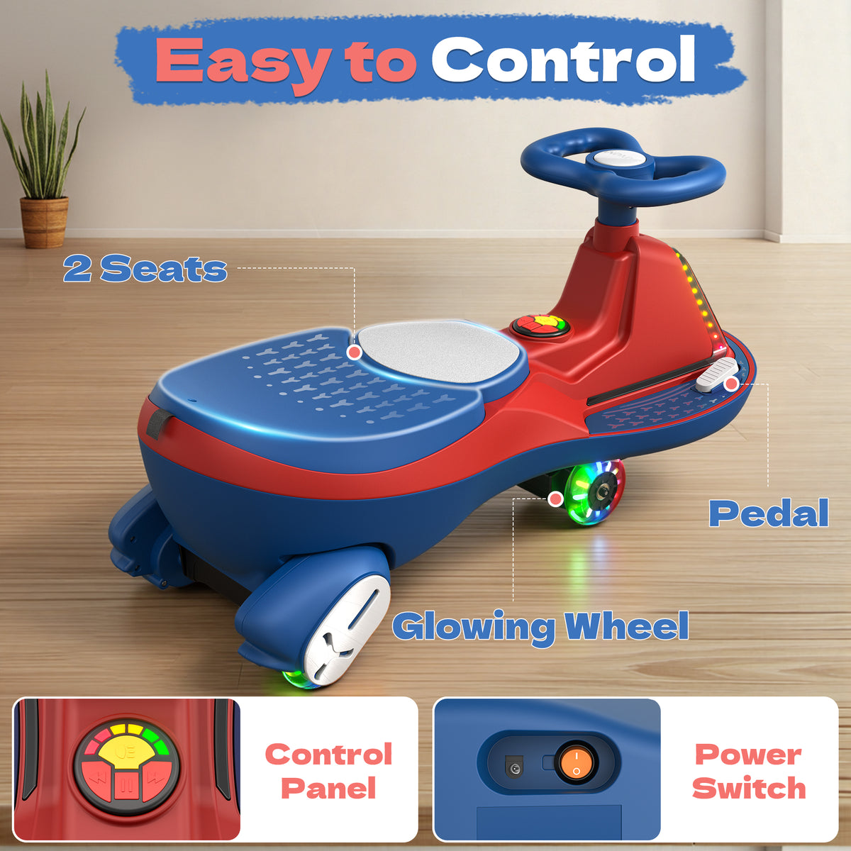 ANPABO 12V Electric Wiggle Car for Kids with LED Lights & Music-red