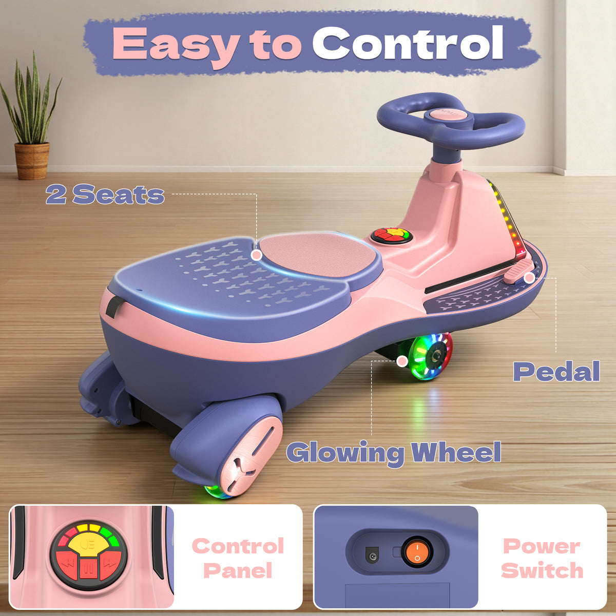 ANPABO 12V Electric Wiggle Car for Kids with LED Lights & Music-pink