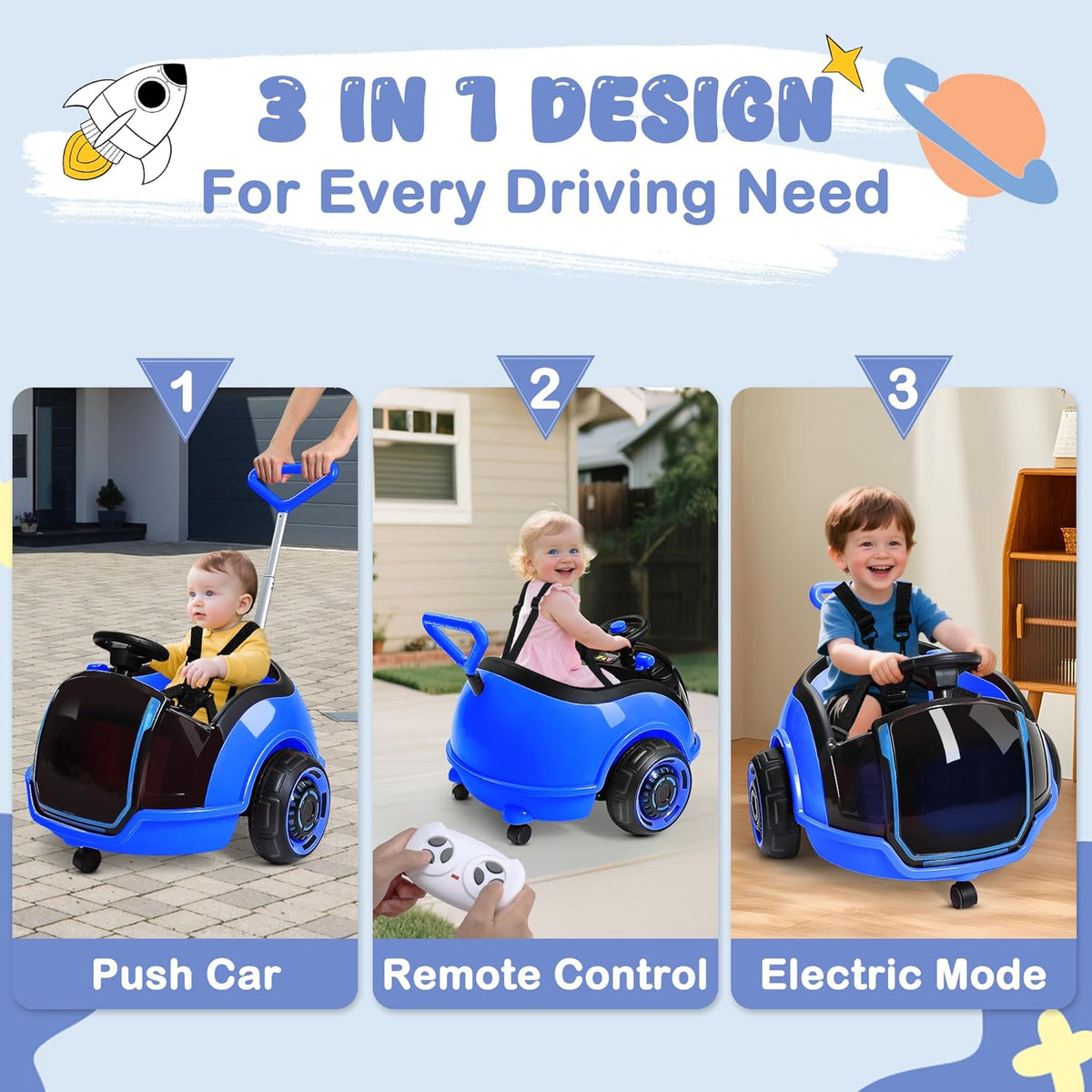 12V 3-In-1 Ride On Car Designed to Grow With Your Child-blue