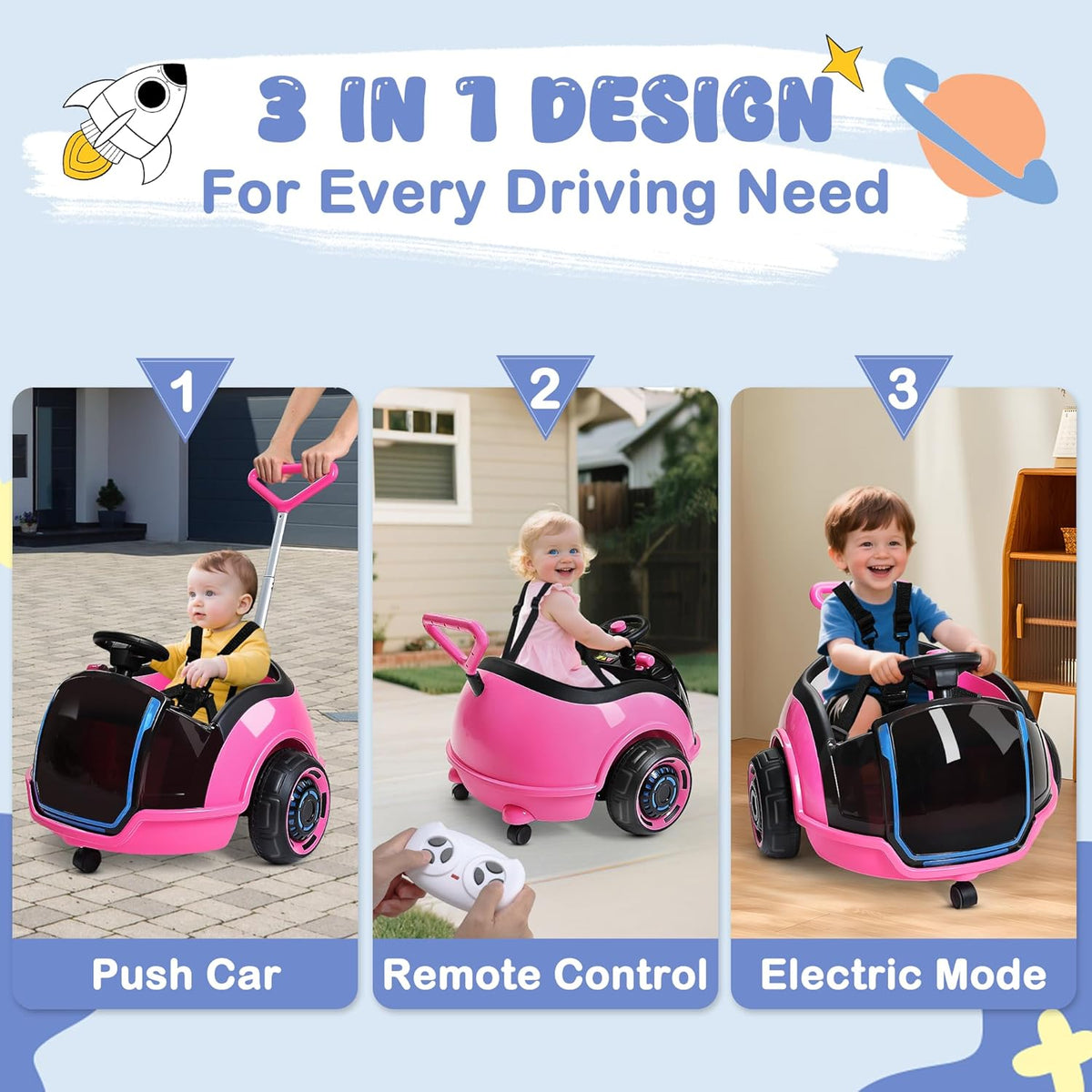 12V 3-In-1 Ride On Car Designed to Grow With Your Child-pink