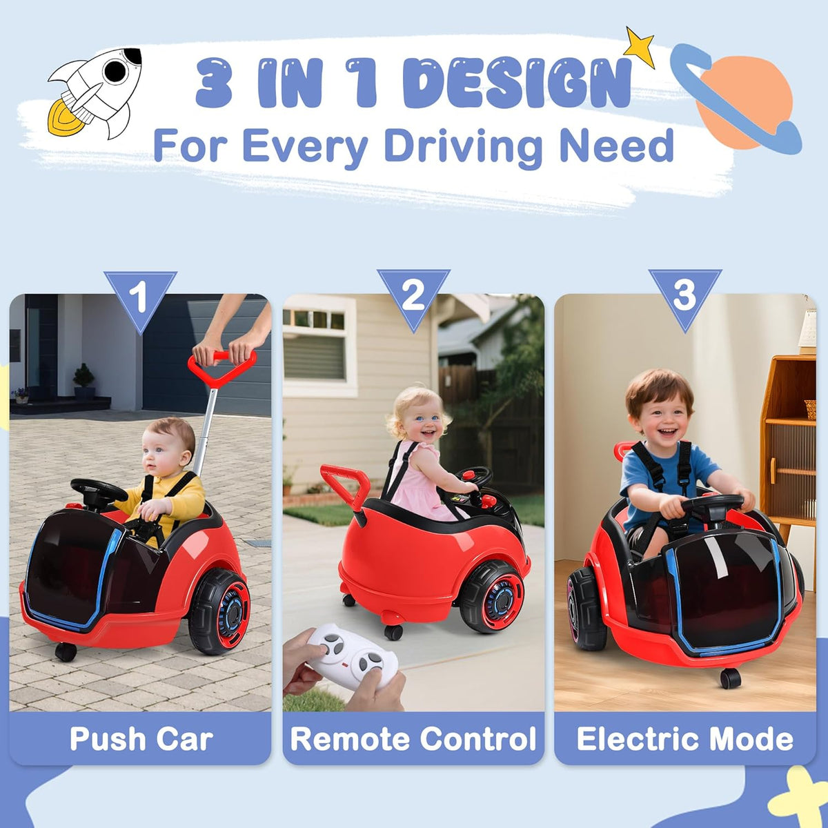 12V 3-In-1 Ride On Car Designed to Grow With Your Child-red