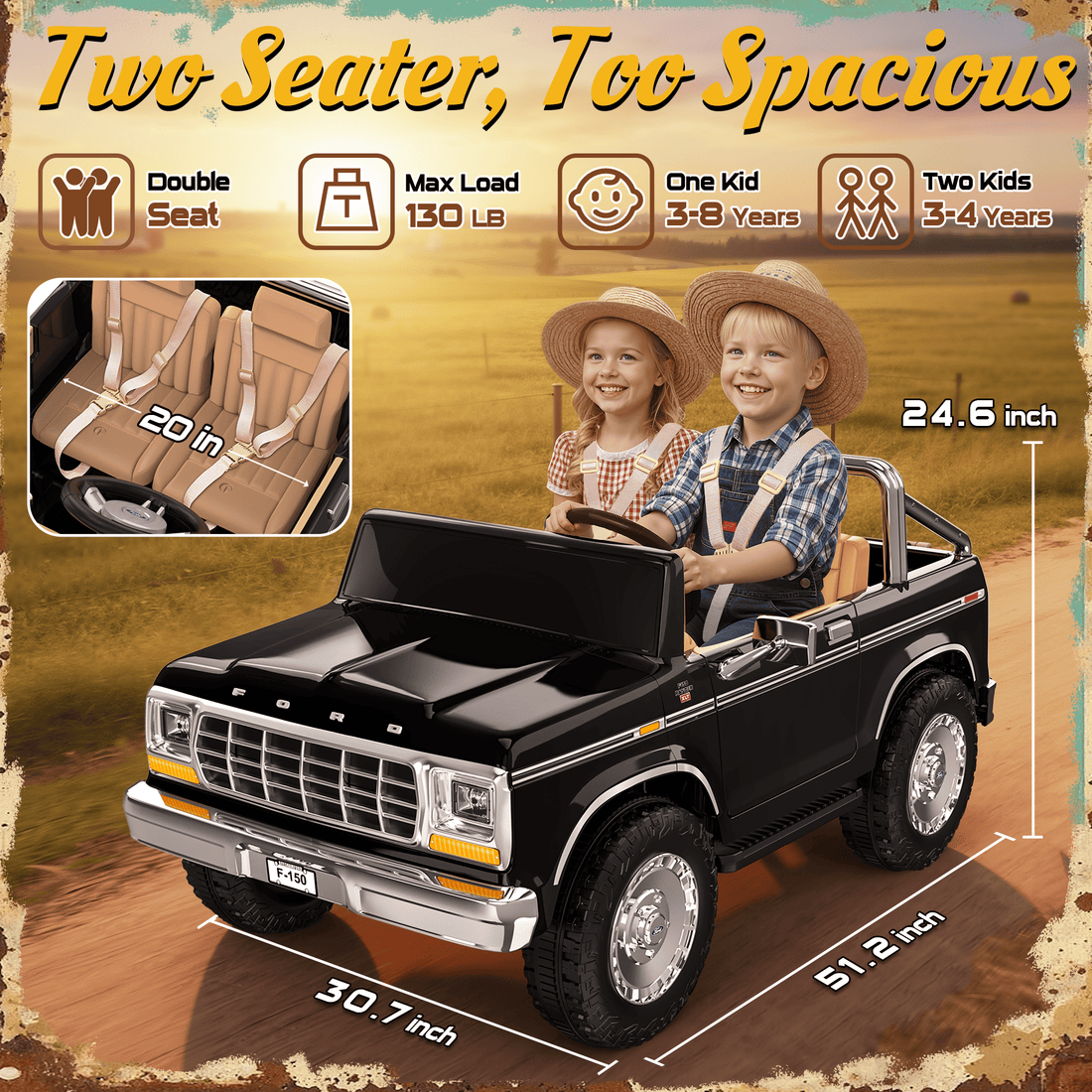 24V Classic Ford Bronco: White Retro Legend, Ready for Dual Adventures-black