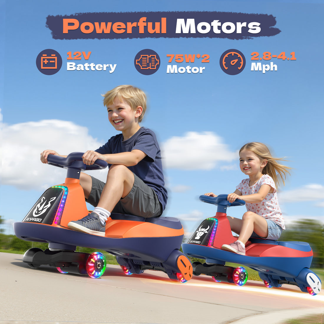 ANPABO 12V Electric Wiggle Car for Kids with LED Lights & Music-orange