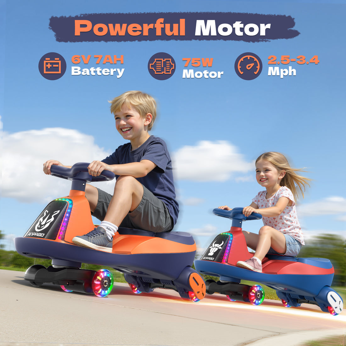 ANPABO 6V Electric Wiggle Car for Kids with LED Lights & Music-orange