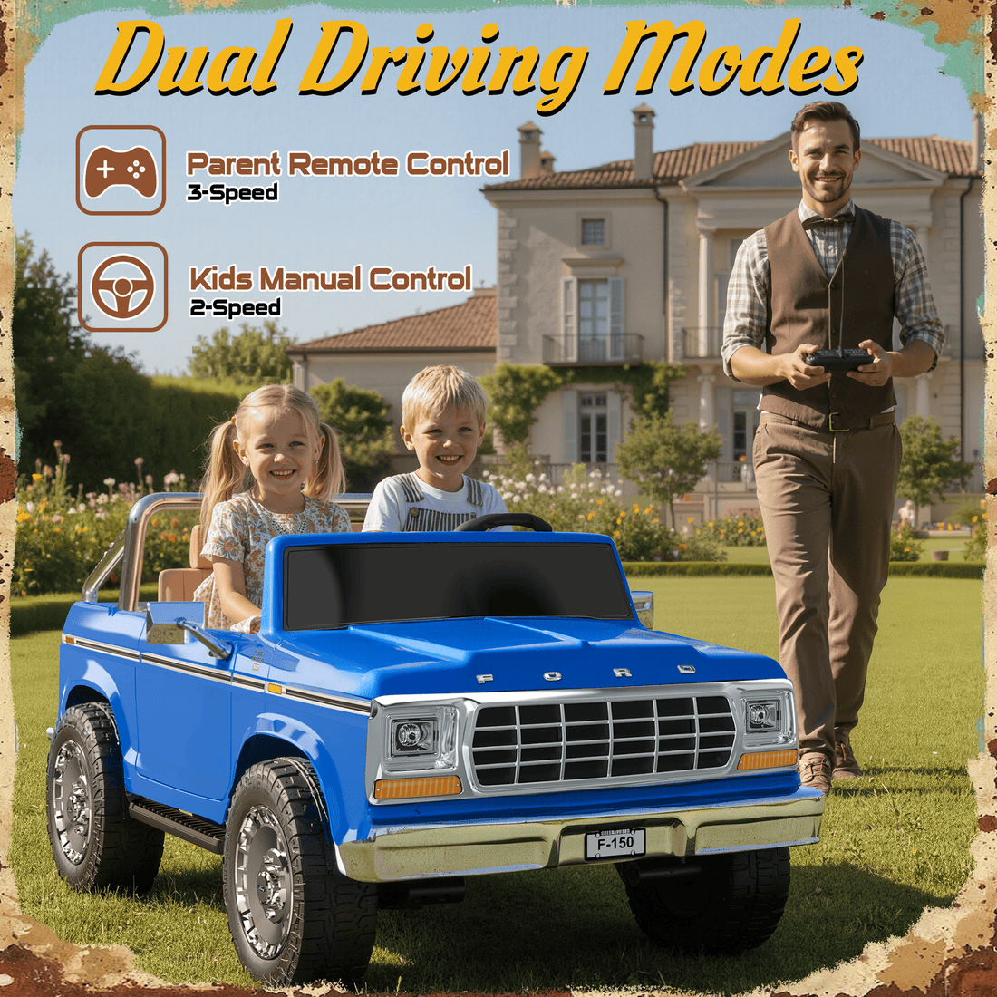 24V Classic Ford Bronco: White Retro Legend, Ready for Dual Adventures-blue