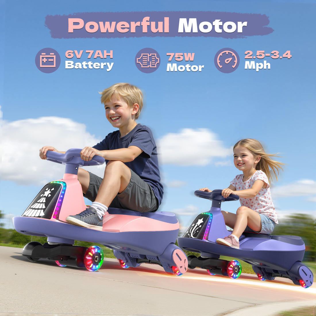 ANPABO 6V Electric Wiggle Car for Kids with LED Lights & Music-pink