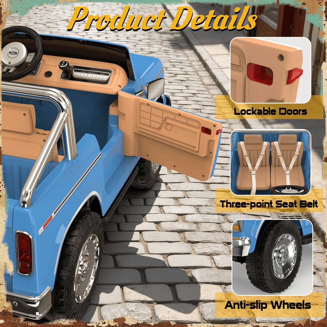 24V Classic Ford Bronco: White Retro Legend, Ready for Dual Adventures-light bule