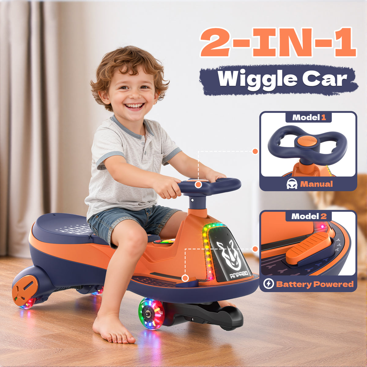 ANPABO 12V Electric Wiggle Car for Kids with LED Lights & Music-orange